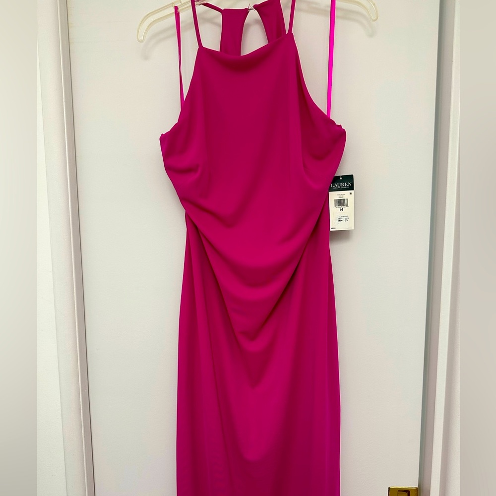 Ralph Lauren, sleeveless long jersey gown. Hot pink. Size 14. New with tags.